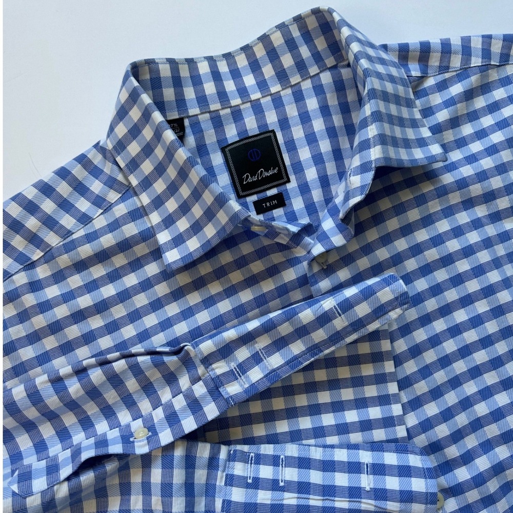 David Donahue Men Trim Fit Gingham Dress Shirt Blue White 17.5 36/37 French Cuff
